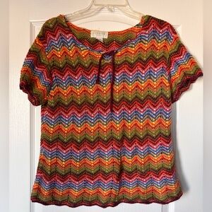 Vintage Express Tricot 90 Zig Zag Crochet Rainbow Sweater top Size Large